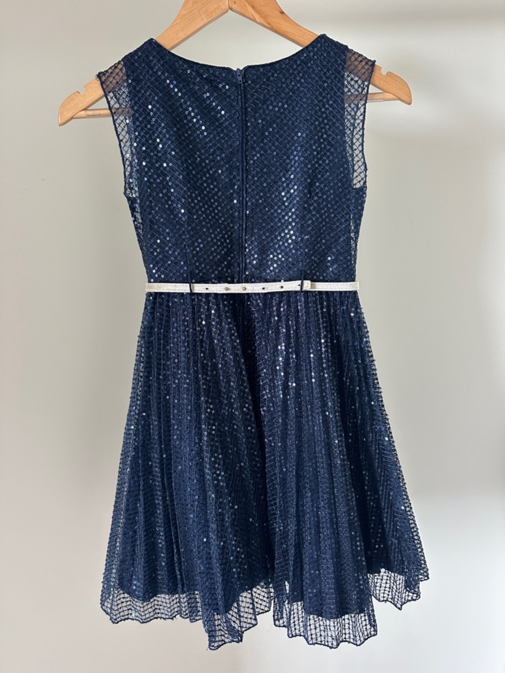 MonnaLisa Navy Blue Sequin Party Dress with Cream velvet Bow Belt - Picture 8 of 10
